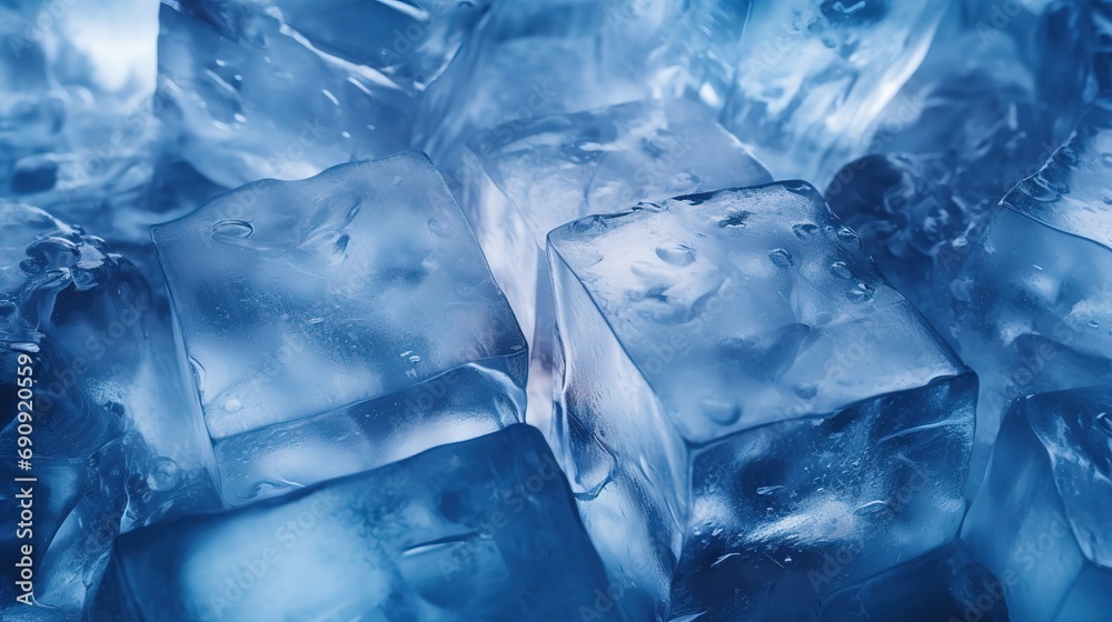 group of ice cubes on a dark blue background. The ice cubes are arranged randomly and have different sizes and shapes. drinks, summer or refreshment