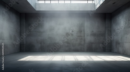 empty, modern and minimalist concrete room with skylight. Industrial design and clean room lines as a backdrop for design projects. © DZMITRY