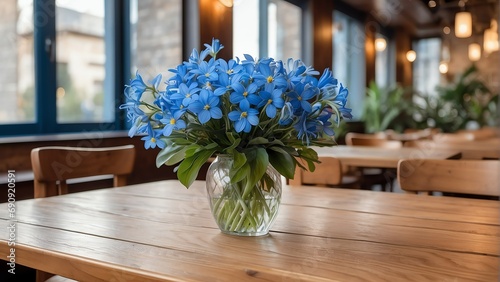 Wooden table with bouquet of blue flowers on a restaurant background from Generative AI
