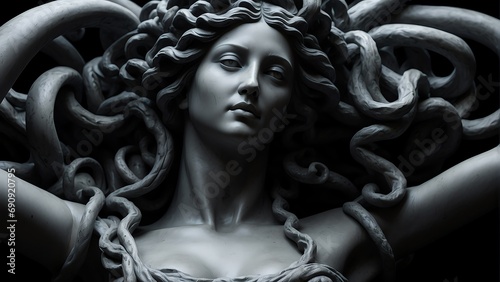 Full body marble statue of medusa on plain black background from Generative AI