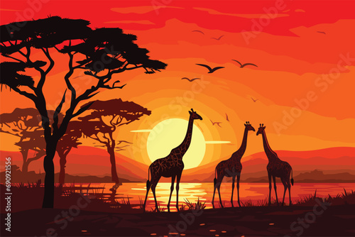African sunset landscape with safari animals silhouettes  Silhouettes of wild African giraffes at sunset  Animals in forest  Vector illustration