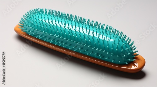 a turquoise hairbrush that creates a sense of tranquility against a bright white surface.