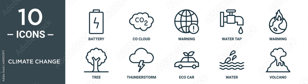 climate change outline icon set includes thin line battery, co cloud ...