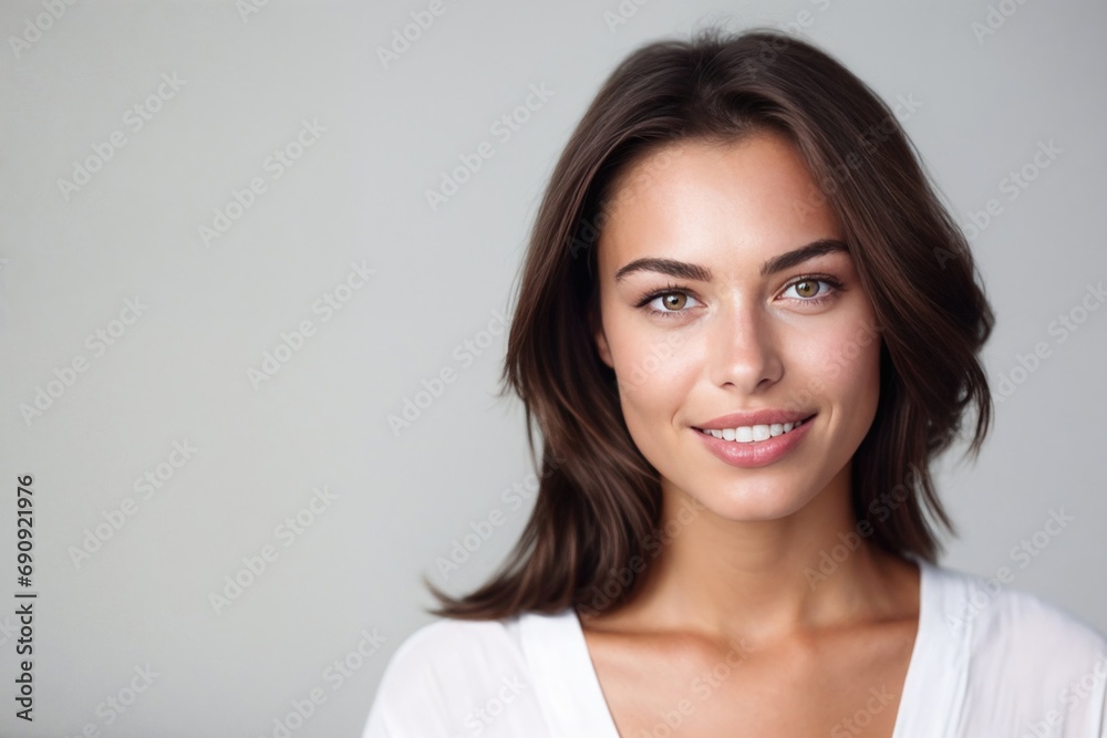 portrait studio d'une jeune femme souriante cheveux mi-long brune châtain en chemisier blanc, sur fond gris clair - obrazy, fototapety, plakaty 