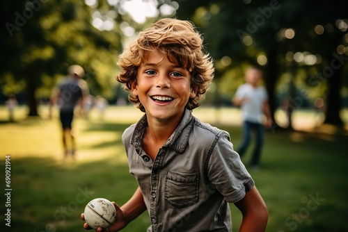 Happy boy playing with ball in sunny park