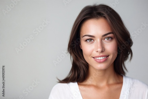 portrait studio d'une jeune femme souriante cheveux mi-long brune châtain en chemisier blanc, sur fond gris clair