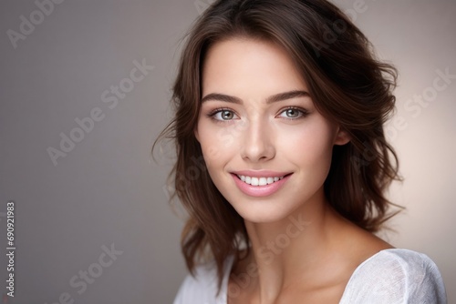 portrait studio d'une jeune femme souriante cheveux mi-long brune châtain en chemisier blanc, sur fond gris clair photo