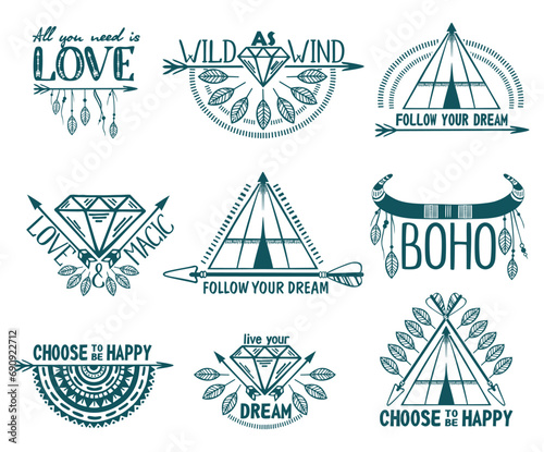 Vector illustration of boho logo collection. Ethnic icons set with feathers, wigwam and arrows. Aztec elements. Tribal symbols for tattoos, logo, cards, decorative works. Tribal elements. Hand drawn.