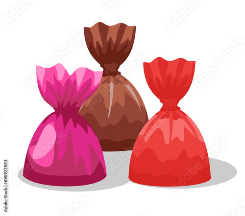 Chocolate truffles isolated on white background. Candy chocolate truffle. Sweet in a wrapper.