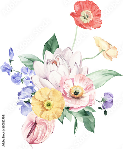 Watercolor Bouquet with Icelandic Poppy, Anthurium and Water Lily