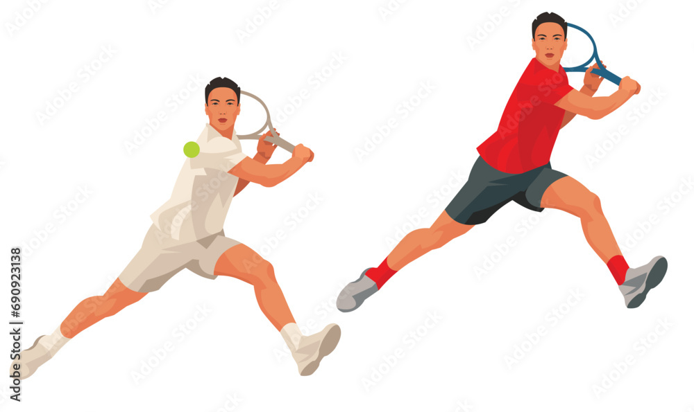 Two figures of Indonesian tennis player in a white and red sports uniform who strikes with a racket holding it with two hands Two figures of Indonesian tennis player in a white and red sports uniform who strikes with a racket holding it with two hands