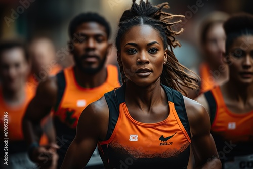 Focused female runner leading race with team © Ihor