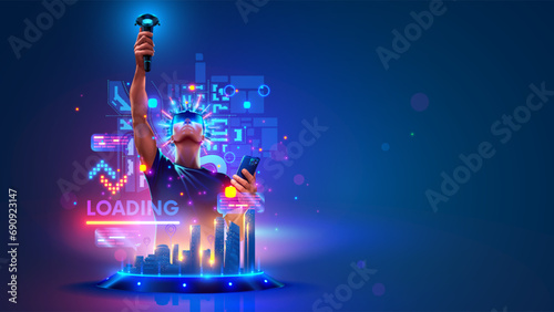 VR metaverse. Virtual reality video game. VR and AR technology concept. Man wearing 3d VR headset glasses looks up in cyberspace of metaverse. Virtual reality or Augmented reality world simulation.