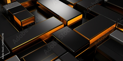 Black square background with gold outlines, solid surface modeling style, gold and orange outline, block polished surfaces, elongated shapes, chromatic sculptural slabs.