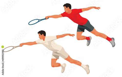 Two figures of Filipino tennis player in a white and red sports uniform who rushes forward to hit the ball