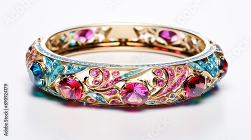 a single, exquisite bangle adorned with a dazzling array of colors, displayed against a pure white backdrop.