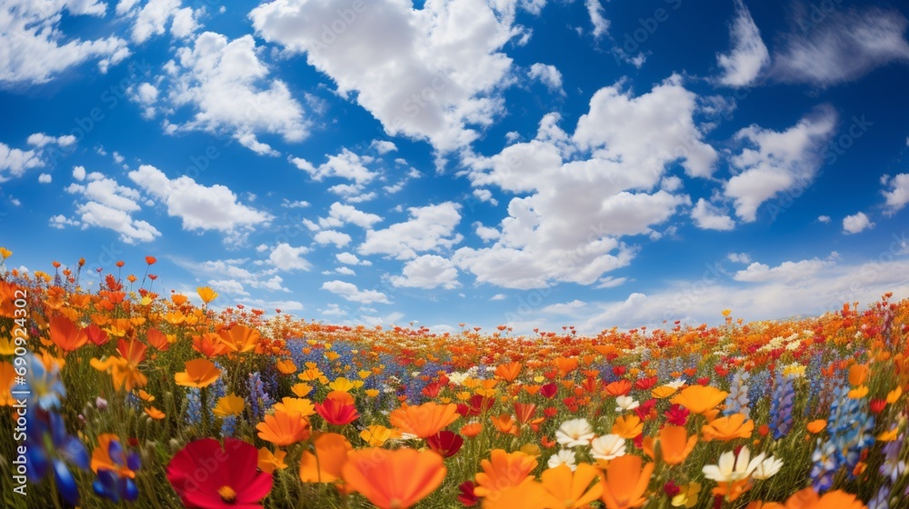 a vibrant image of a field of wildflowers in full bloom, with a kaleidoscope of colors under the clear, blue spring sky.