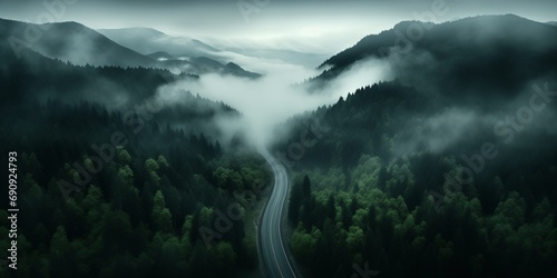 Aerial top view mountain road in dark green foggy forest © xartproduction