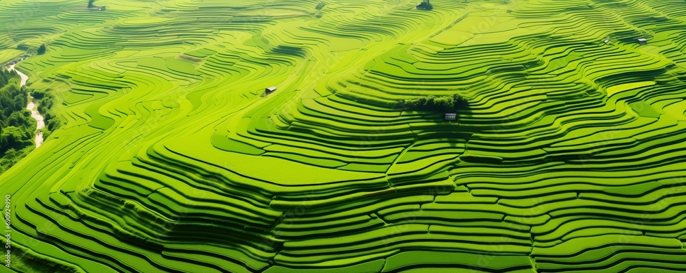 Fototapeta premium aerial view of a vast and lush rice field