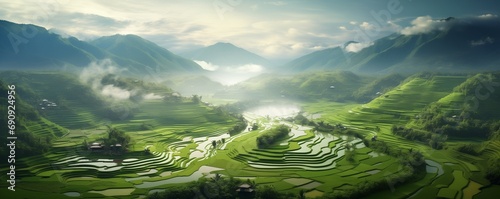 aerial view of a vast and lush rice field © xartproduction
