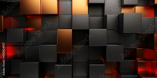 Wallpaper with abstract geometric, metallic pattern black, red and gold color, metallic rectangles, squares, intersecting surfaces, 3D