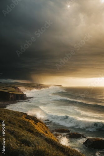 A storm by the sea, big waves and thick dark clouds in the sky. Landscape, environment, element, nature concepts.