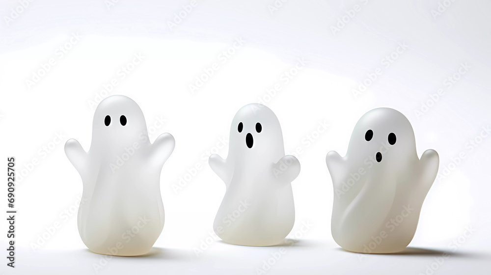 Three ghost figurines with a white background and a black and white text that says boo and three ghost figures Three ghost figurines with a white background and a black and white text that says boo and three ghost figures