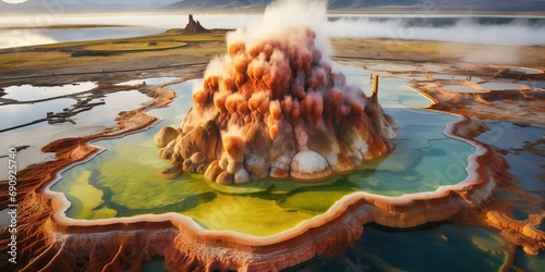 aerial view of geological landscape with geyser photo