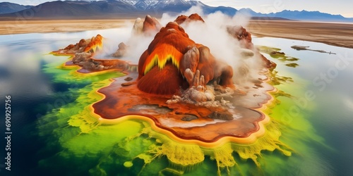 aerial view of geological landscape with geyser