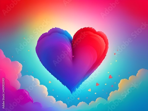 Colorful Valentine's day heart in the clouds as abstract background. Fluffy Heart Cloud. Concept Design for Valentines Day Postcard, Banner, Leaflets. Realistic 3d Render. Vector Illustration