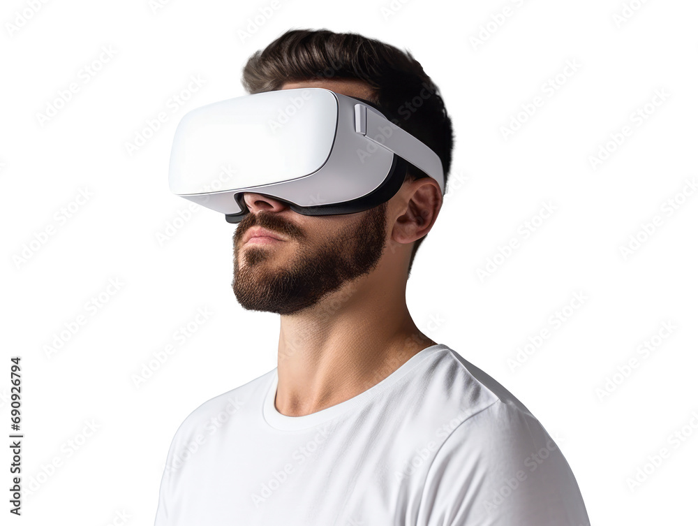 Man experiencing virtual reality with a VR headset, isolated on a white background. Generative AI Man experiencing virtual reality with a VR headset, isolated on a white background. Generative AI