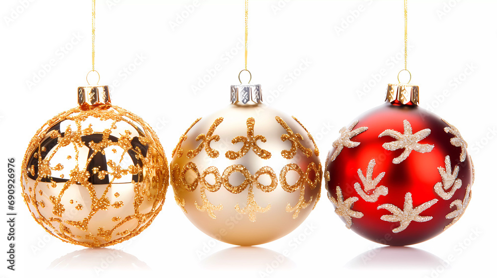 Three shiny christmas balls hanging from a string with gold and silver decorations on them