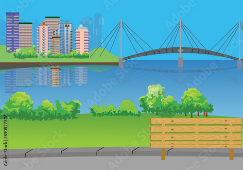 Beautiful view of the seaside town with a bridge and a bench. Vector illustration.