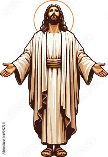 The painting shows Jesus standing with a soft gaze filled with compassion. His clothing is light and simple, reflecting modesty and humility. His hair flutters gently in the wind, and his arms are sli