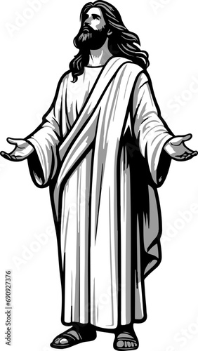 The painting shows Jesus standing with a soft gaze filled with compassion. His clothing is light and simple, reflecting modesty and humility. His hair flutters gently in the wind, and his arms are sli