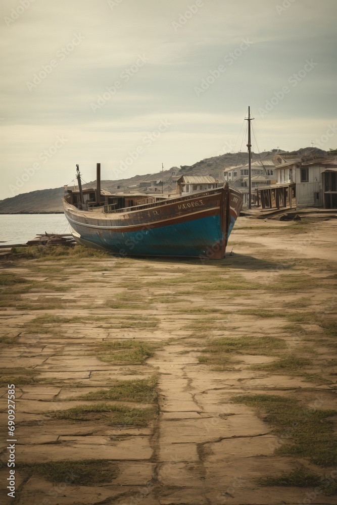 An old boat stands on the banks of the river, the sea in an arid area. Land cracked by drought, climate problem, natural disaster concepts.