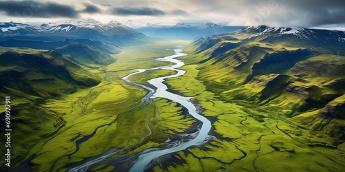 Aerial drone view to river. Iceland Landscape