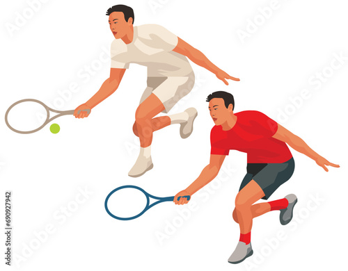 Figures of an East Asian a tennis player in casual red and classic white sports uniform who bent down to hit the ball with a racket at a tournament