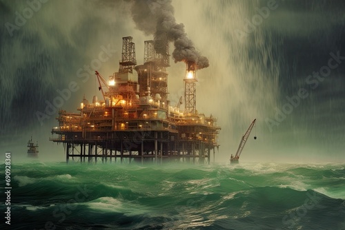offshore oil platform, this engineering marvel houses a skilled workforce and state-of-the-art equipment, ensuring efficient oil extraction operations. AI-generated