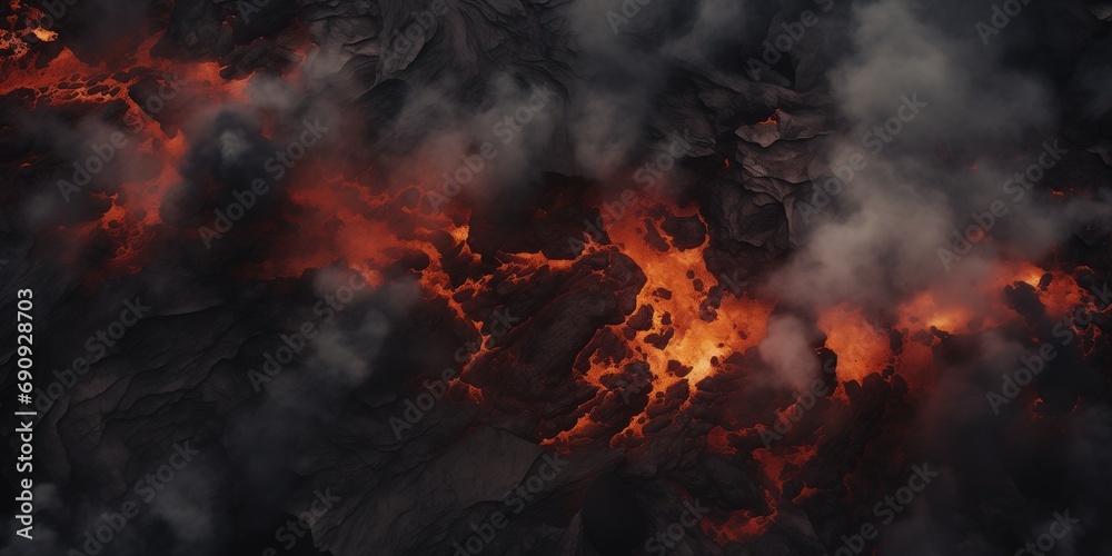 top down flat view to dramatic volcanic landscape - obrazy, fototapety, plakaty 