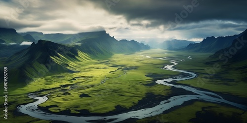 top view to dramatic Iceland landscape from drone