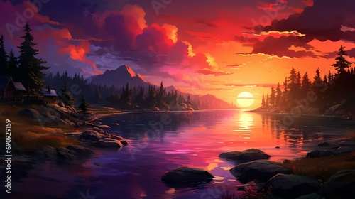 a vivid sunset with gradients of fiery reds, deep oranges, and dark purples, creating a warm and inviting atmosphere.