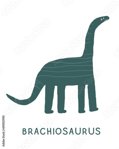 Jurassic period dinosaur flashcard. Learning English words for kids. Cute hand drawn doodle educational card with brachiosaurus dino. Preschool learning material. Funny extinct animal card for print
