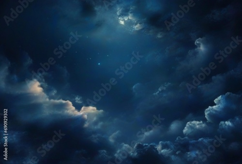 Dark blue abstract background. Night sky with clouds and moonlight. Navy blue sky background with copy space for design