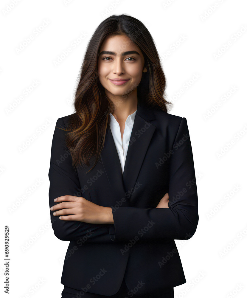 Professional businesswoman in a dark suit with a welcoming expression. Generative AI Professional businesswoman in a dark suit with a welcoming expression. Generative AI