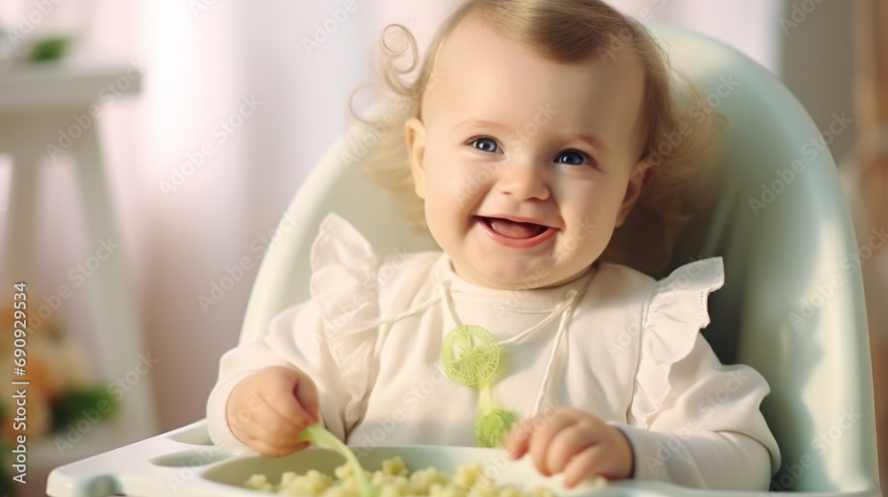 a small child eats in a high chair. the child eats complementary food a small child eats in a high chair. the child eats complementary food