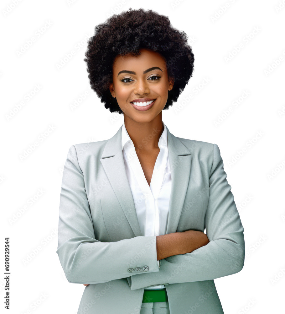 Confident businesswoman with a radiant smile wearing a light grey suit. Generative AI Confident businesswoman with a radiant smile wearing a light grey suit. Generative AI
