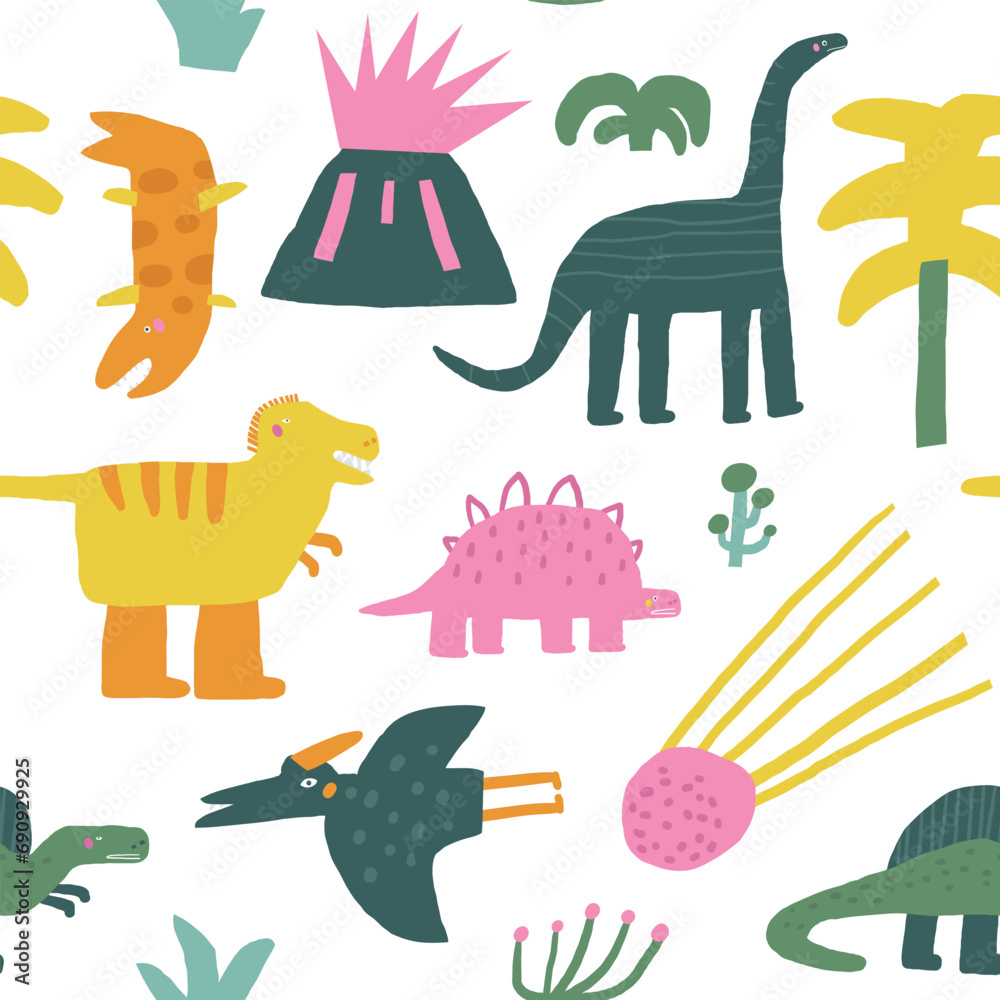 Cute dinosaur theme seamless pattern. Funny hand drawn doodle repeatable pattern with volcano, dinos, trees, meteorite, diplodocus, stegosaurus, pterodactyl, plants. Jurassic period, era background wi
