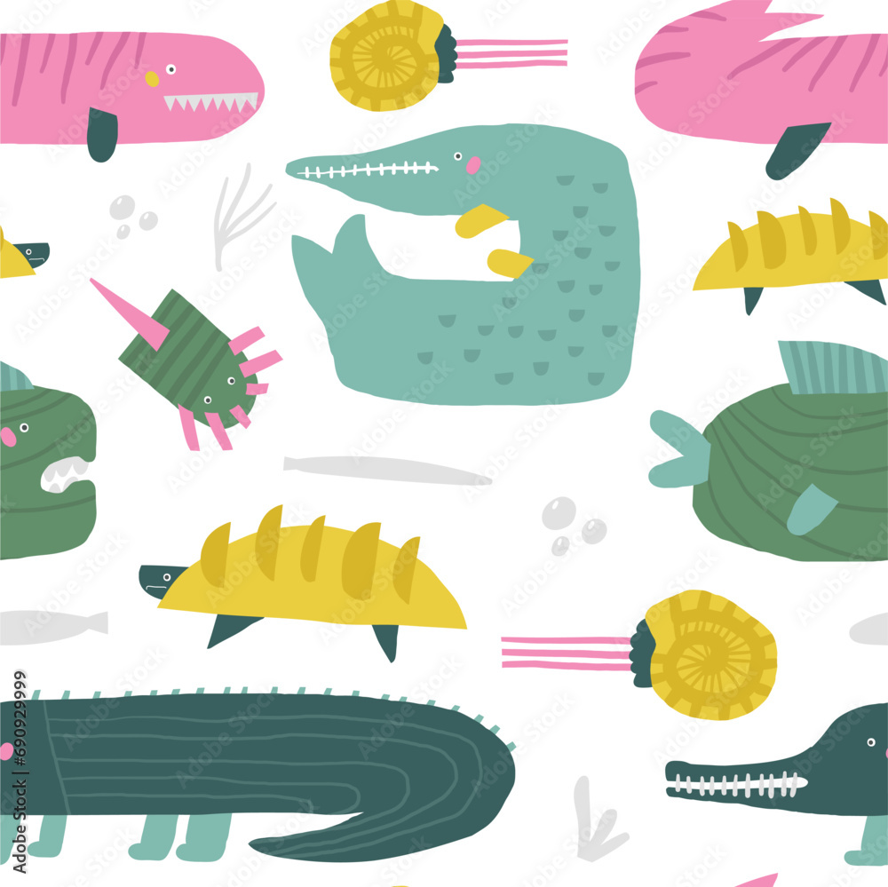 Cute dinosaur theme seamless pattern. Funny hand drawn doodle ...