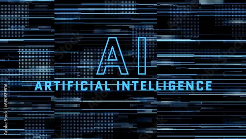 AI Artificial Intelligence on digital background animation - blue pattern pixel background from animated digital data elements